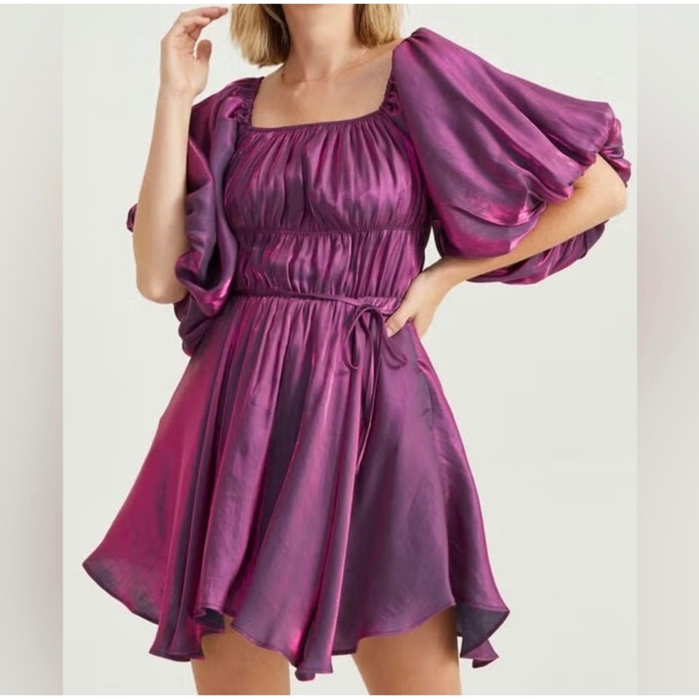 Altar'd State Womens Holographic Purple Amabella Puff Sleeve Mini Dress Size S